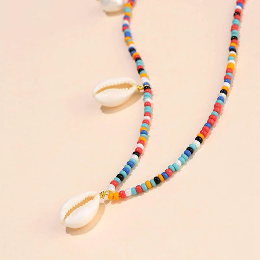 Colorful Beaded Shell Necklace with Handmade Braided Pearl Rice Beads - Gold