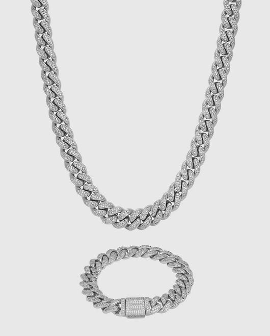 12mm Iced Cuban Chain + Bracelet Bundle - White Gold