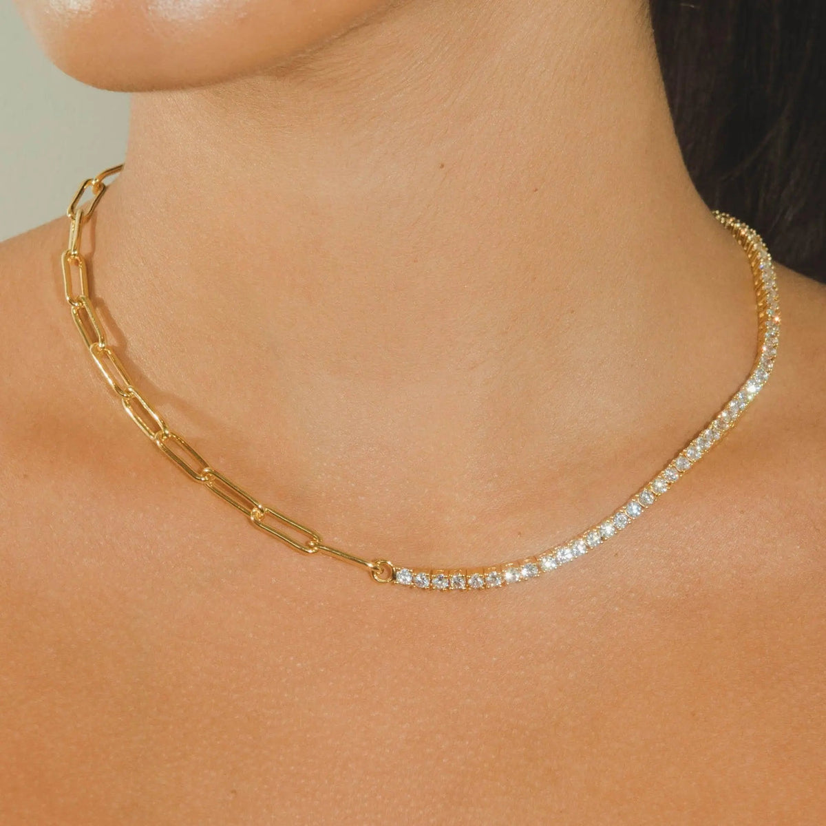 Half Tennis Half Hermes Necklace - Gold
